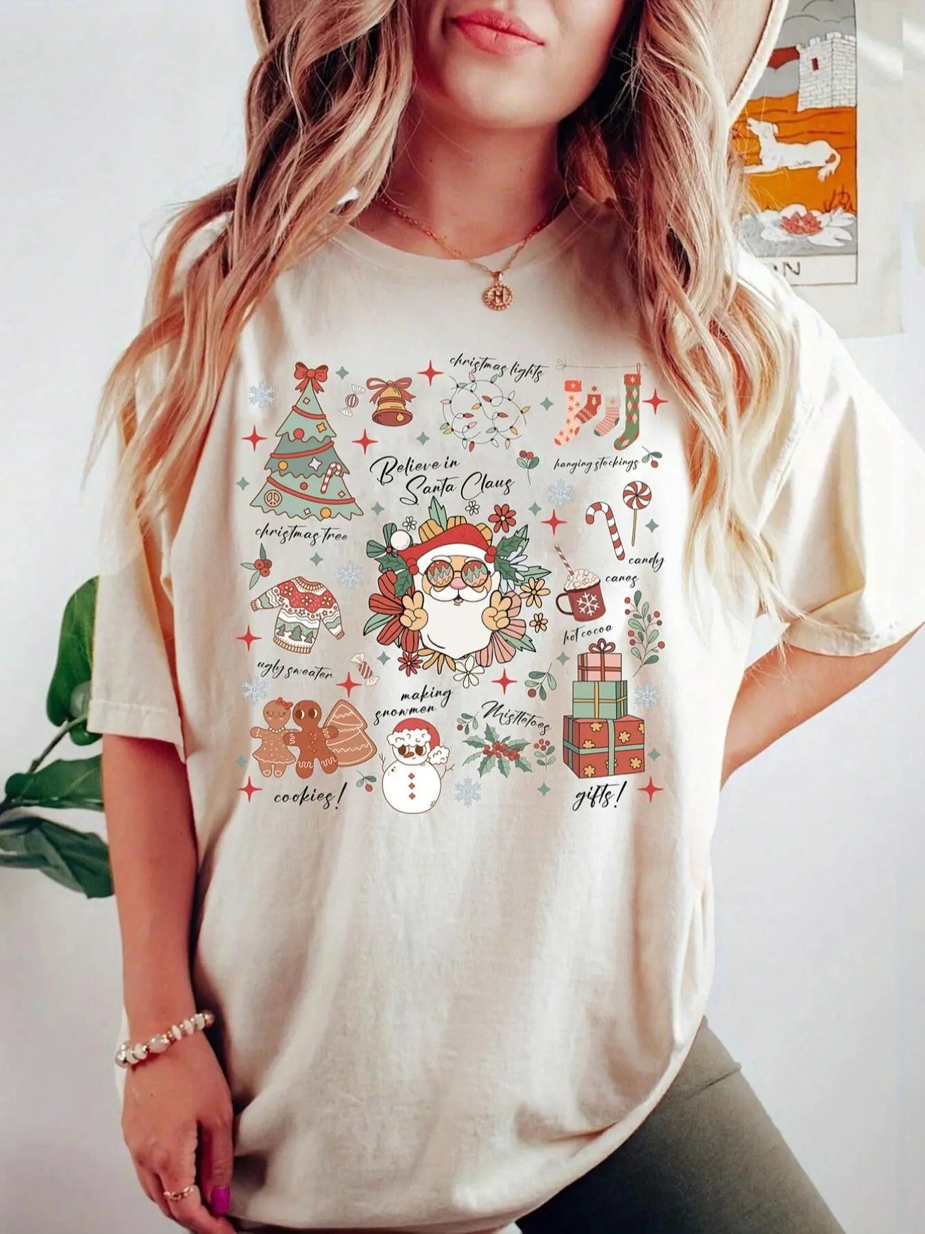 Women's Christmas Graphic Print Round Neck Tee, Casual Drop Shoulder Half Sleeve T-shirt for Daily Wear, Ladies Clothes for All Seasons