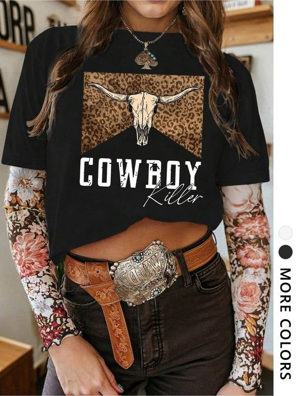 Women's Cow Print Round Neck Graphic Tee, Vintage Trendy Casual Short Sleeve T-shirt for Daily Wear, Ladies Summer Outfit, Top