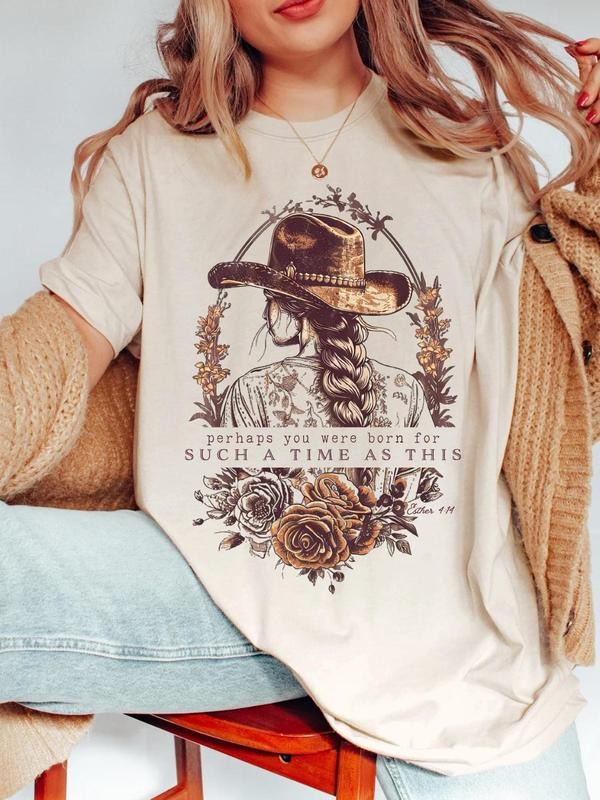 Women's Cowgirl & Letter Print Round Neck Graphic Tee, Vintage Trendy Casual Flower Graphic Short Sleeve T-shirt for Daily Wear, Ladies Summer Outfit, Top