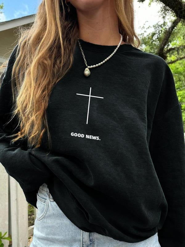 Women's Cross & Letter Print Crew Neck Sweatshirt, Casual Trendy Long Sleeve Pullover for Daily Wear, Ladies Spring & Fall Clothes