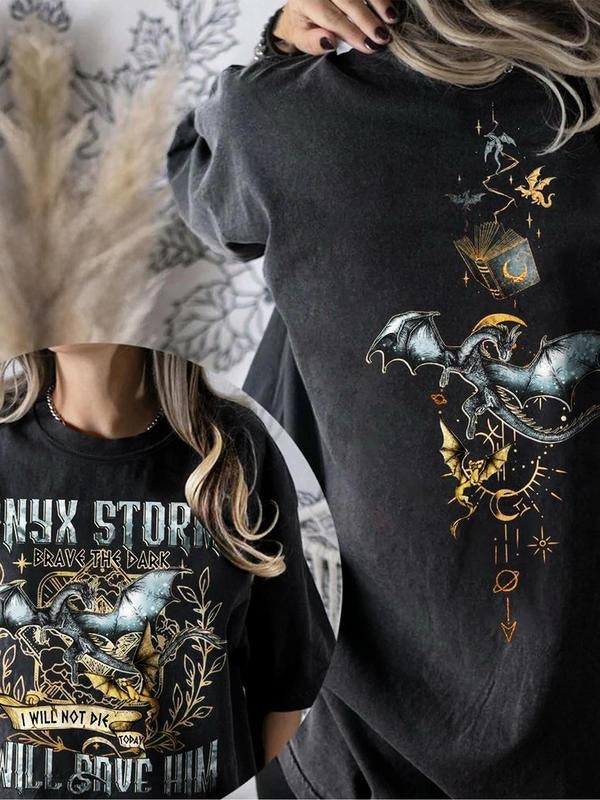 Women's Dragon & Book Print Round Neck Graphic Tee, Fashion Casual Short Sleeve T-shirt for Daily Wear, Ladies Summer Clothes, Top