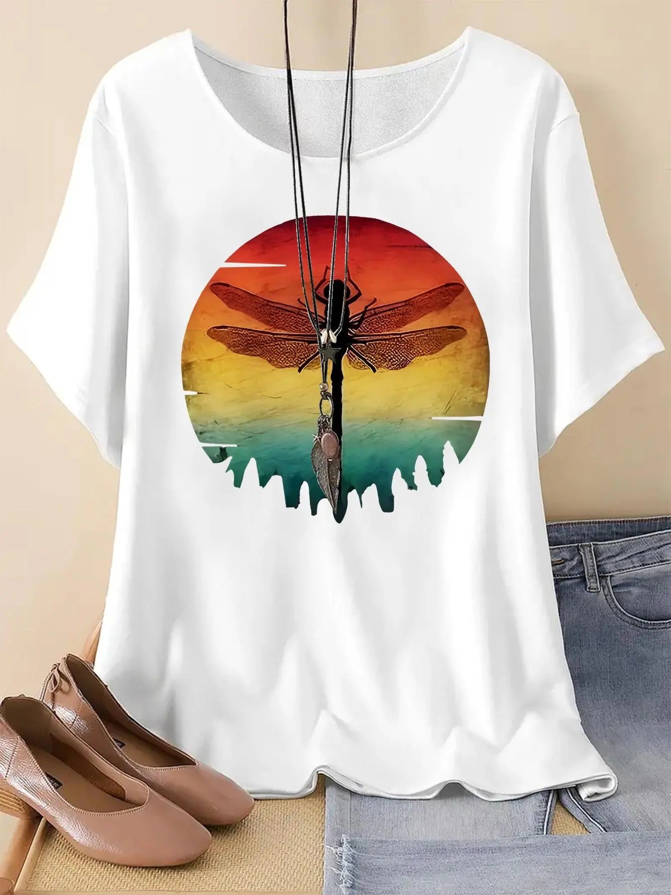 Women's Dragonfly Print Round Neck Tee, Trendy Casual Short Sleeve Crew Neck T-shirt For Daily Wear, Ladies Summer Outfit