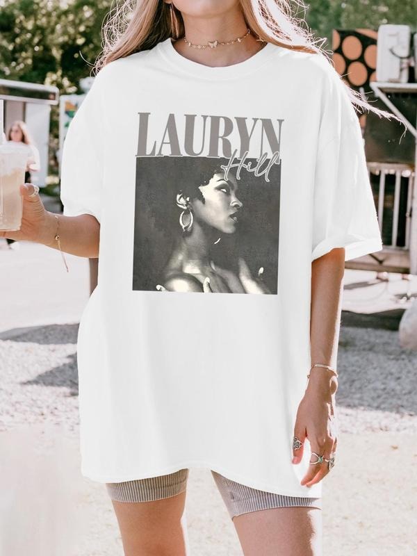 Women's Figure & Letter Print Round Neck Graphic Tee, Vintage Trendy Casual Short Sleeve T-shirt for Daily Wear, Ladies Summer Outfit, Top