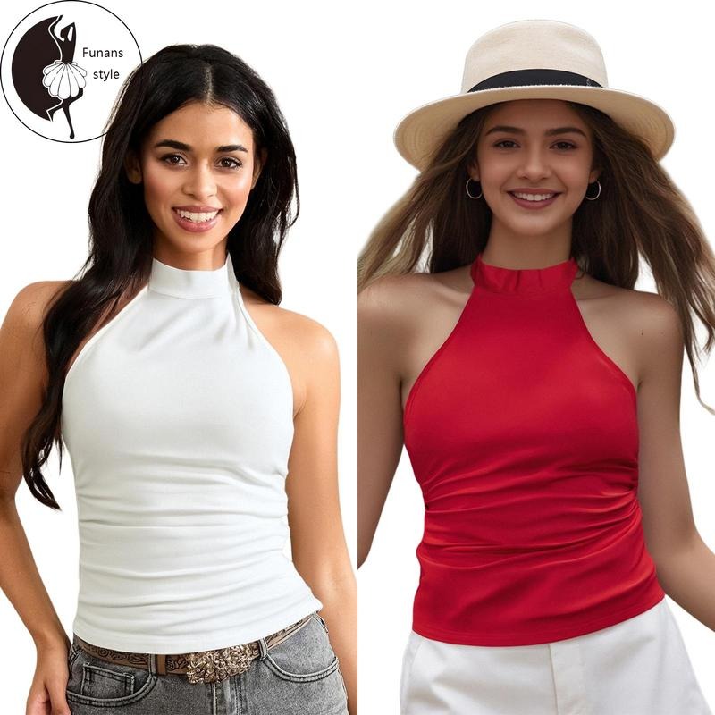 Women's Halter Neck Vest Summer Sleeveless Open Back Solid Color Trendy Tank Tops