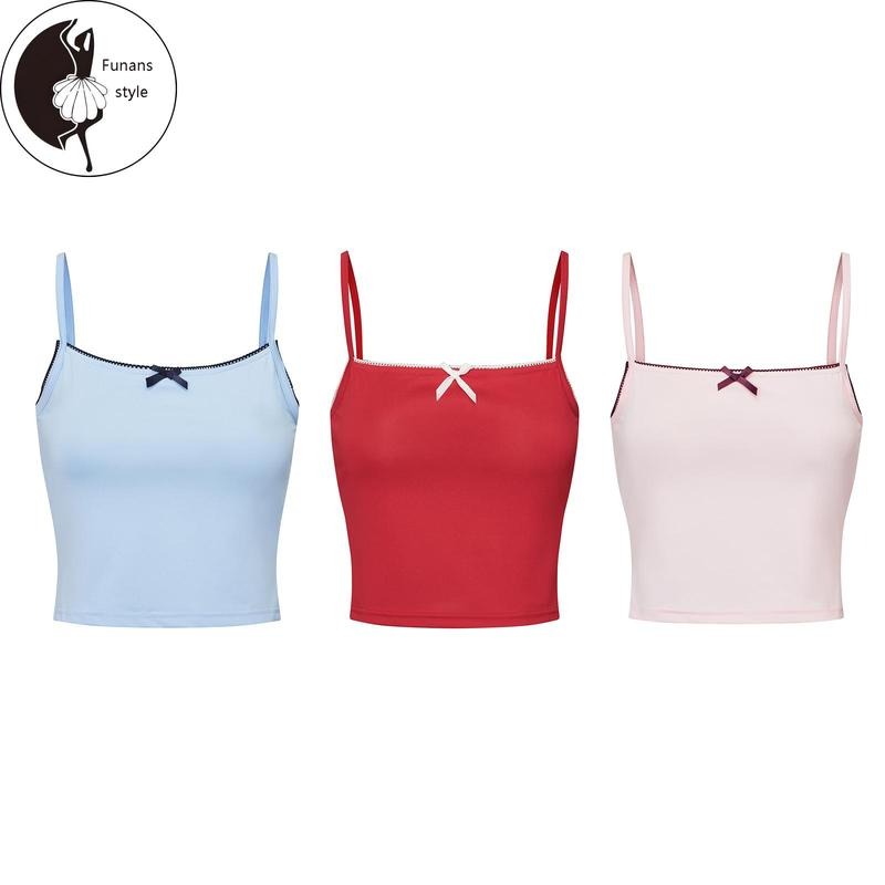 Women's Lace Trim Cami Tops Summer Sleeveless Tiny Bow Front Basic Camisole Trendy Tops