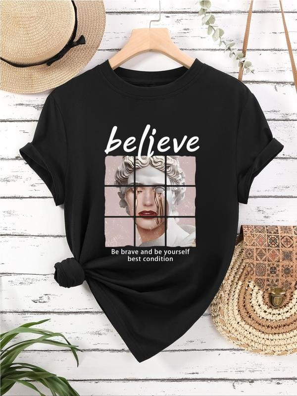 Women's Letter & Figure Print Round Neck Graphic Tee, Vintage Trendy Casual Short Sleeve T-shirt for Daily Wear, Ladies All Seasons Outfit