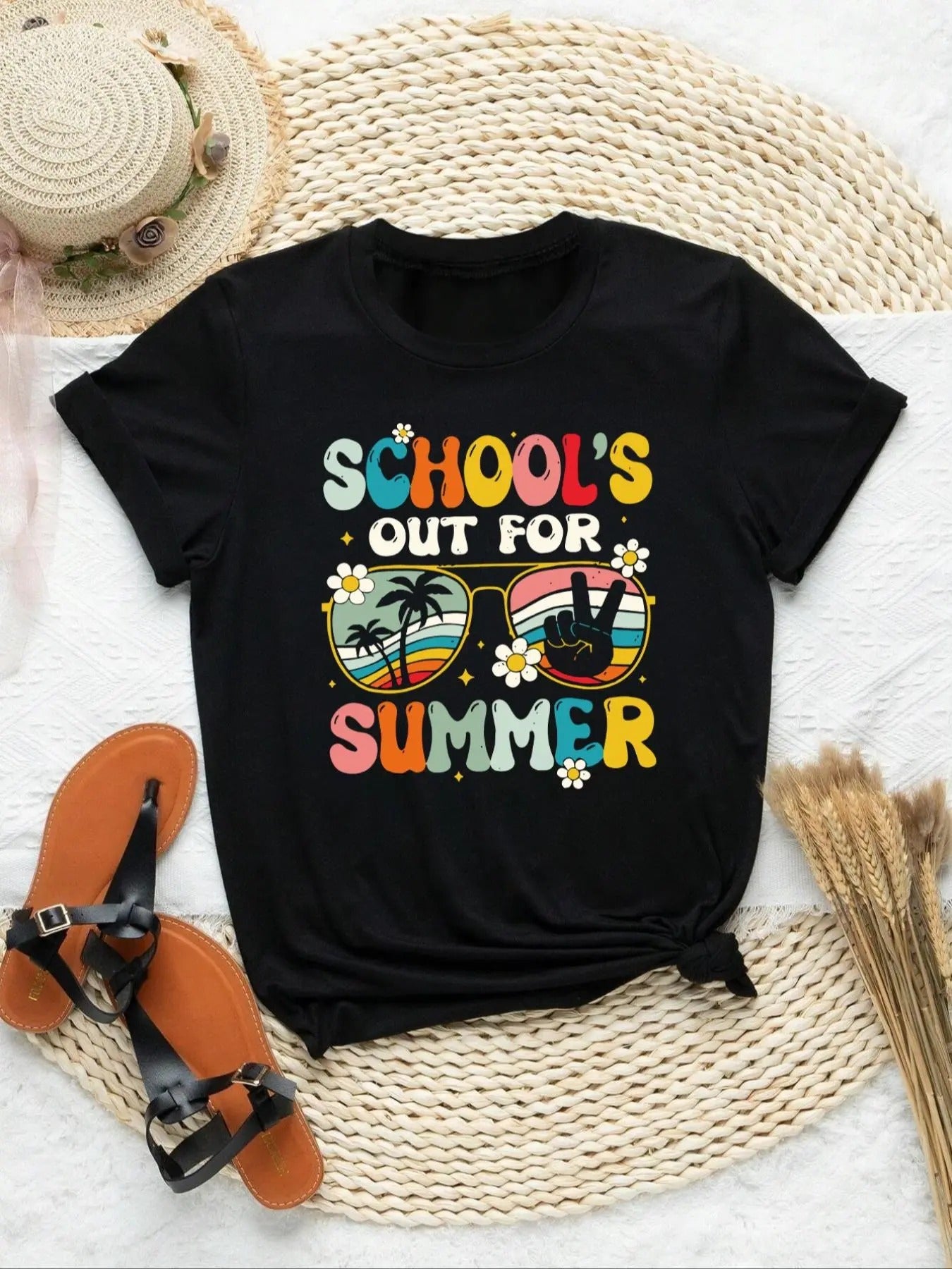 Women's Letter & Plants Print Round Neck Tee, Trendy Casual Glasses Print Short Sleeve T-shirt for Daily Wear, Ladies Summer Outfit