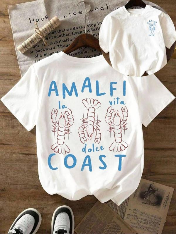 Women's Lobster & Letter Print Round Neck Tee, Vintage Trendy Casual Short Sleeve T-shirt for Daily Wear, Ladies Summer Outfit, Top