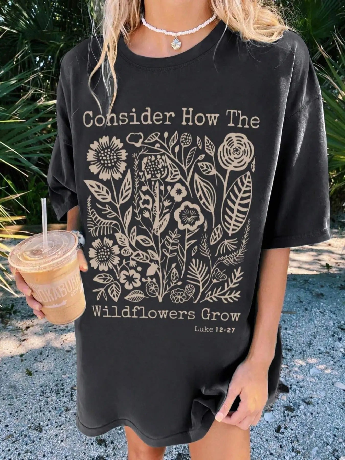 Women's Plants & Letter Print Drop Shoulder Tee, Trendy Casual Short Sleeve Round Neck T-Shirt for Daily Wear, Ladies All Seasons Outfit