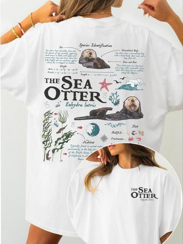 Women's Sea Otter Graphic Print Round Neck Tee, Casual Fashion Short Sleeve T-shirt, Ladies Summer Clothes for Daily Wear, Top