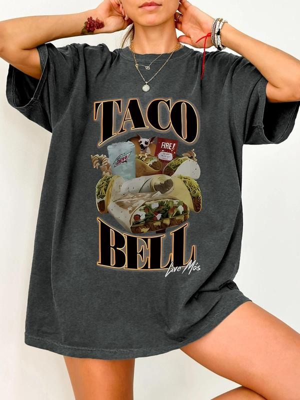 Women's Taco & Letter Print Round Neck Tee, Casual Graphic Short Sleeve T-Shirt for Summer, Ladies Clothes for Daily Wear, Top