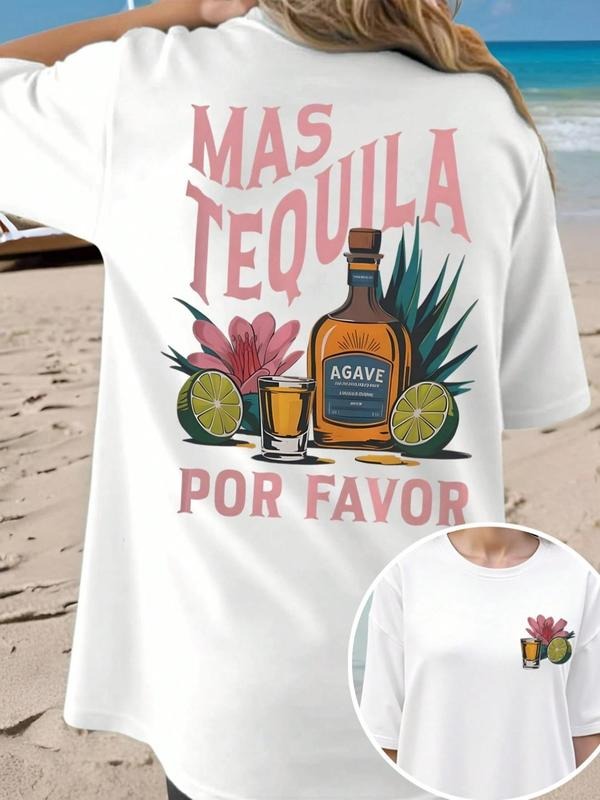 Women's Tequila & Cactus Print Round Neck Graphic Tee, Vintage Trendy Casual Short Sleeve T-shirt for Daily Wear, Ladies Summer Outfit, Top