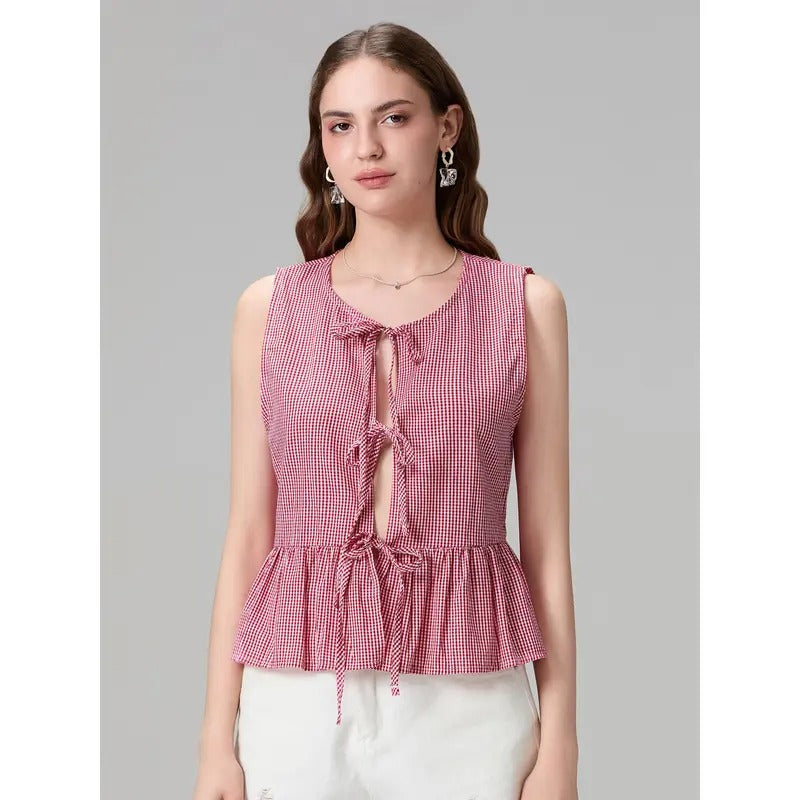 Women's Tie-up Tank Tops Classic Plaid Print Sleeveless Round Neck Ruffle Vest Summer Shirts Womenswear Basic