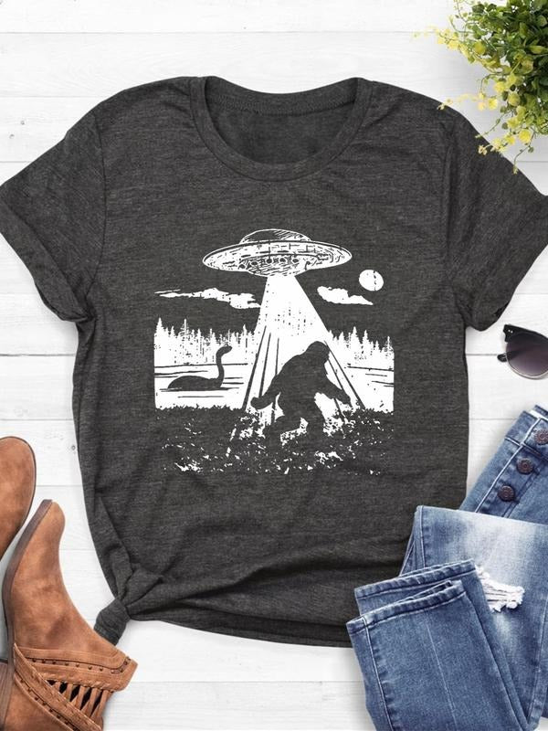 Women's UFO & Animal Print Round Neck Tee, Fashion Casual Short Sleeve T-Shirt for Daily Wear, Ladies Summer Clothes