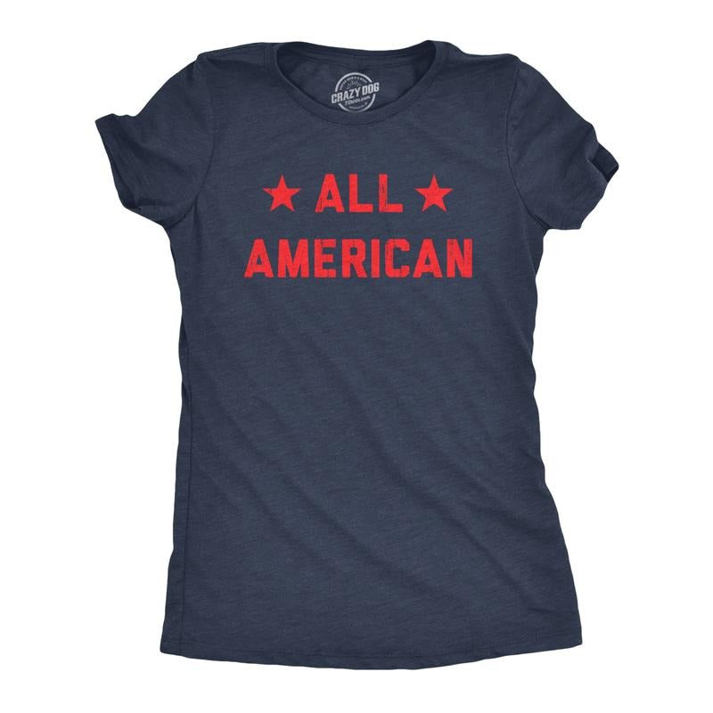 Womens All American T Shirt Funny Cool Patriotic Fourth Of July Party Text Graphic Tee for Ladies Funny Womens T Shirts Cute Slimming Top Comfortable Soft Womenswear Patriotic Tops for Women Women's Navy