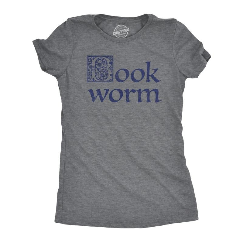Womens Book Worm T Shirt Funny Literature Reading Lovers Tee For Ladies Funny Womens T Shirts Cute Slimming Top Comfortable Soft Womenswear Funny Nerd Top Women's Novelty Tees Dark Grey