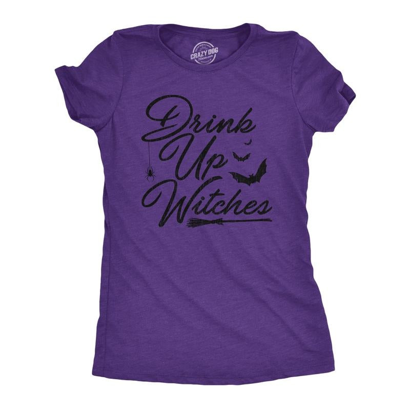 Womens Drink Up Witches T Shirt Funny Halloween Party Beer Wine Lover Graphic Tee Funny Womens T Shirts Cute Slimming Top Comfortable Soft Womenswear Halloween Tops for Women Funny Drinking Top Purple -