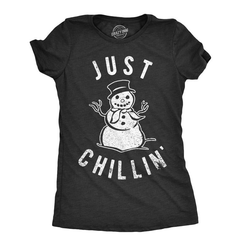 Womens Just Chillin Snowman T Shirt Cute Funny Christmas Winter Tee for Ladies Funny Womens T Shirts Cute Slimming Top Comfortable Soft Womenswear Christmas Tops for Women Women's Novelty Tees Black -