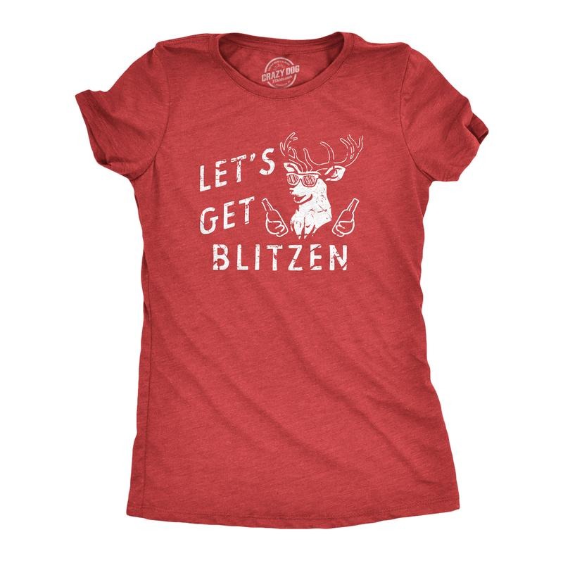 Womens Lets Get Blitzen T Shirt Funny Xmas Partying Drinking Santas Reindeer Tee for Ladies Funny Womens T Shirts Cute Slimming Top Red -
