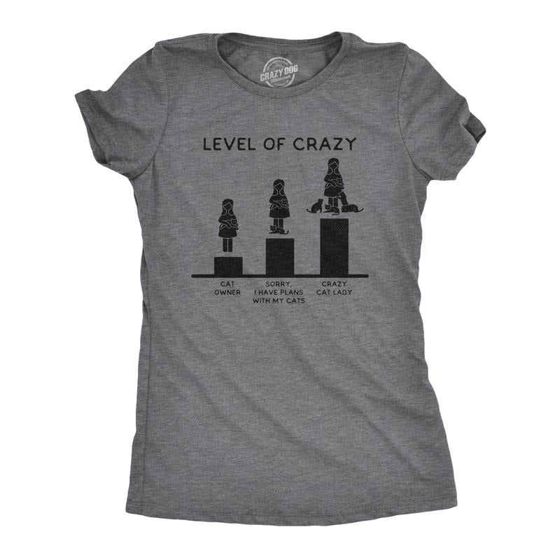 Womens Level Of Crazy T Shirt Funny Crazy Cat Lady Pet Kitty Animal Lover Graphic Novelty Tee Funny Womens T Shirts Cute Slimming Top Dark Grey