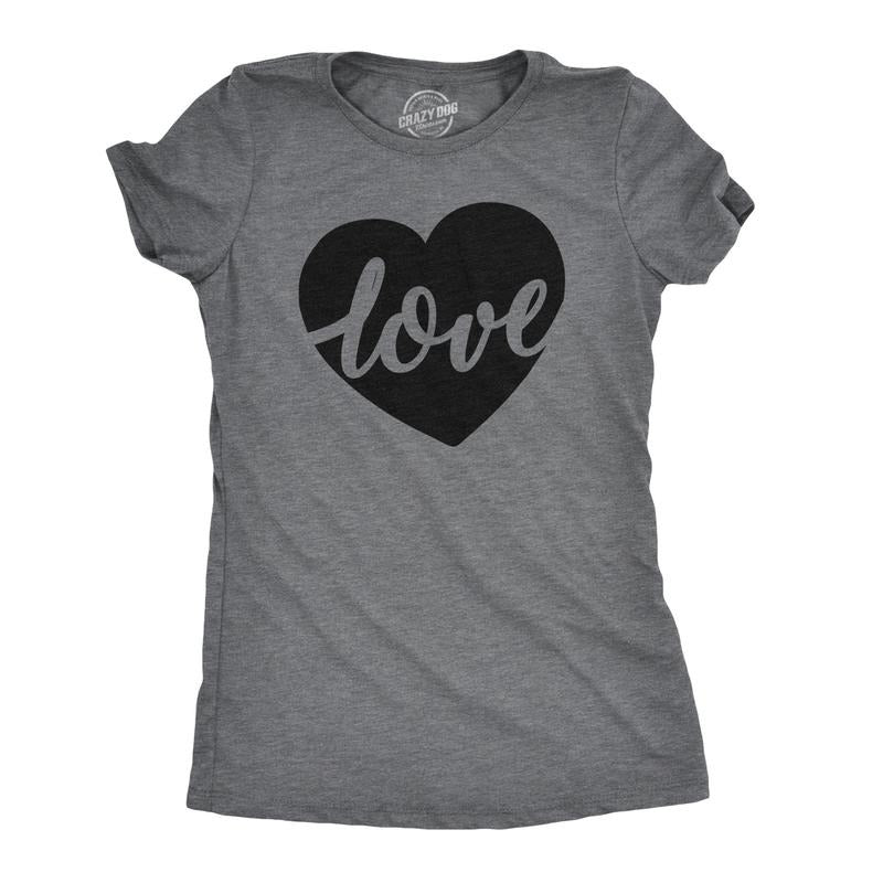 Womens Love Script Heart Cute Relationship T shirt for Ladies Funny Womens T Shirts Cute Slimming Top Comfortable Soft Womenswear Love Tops for Women Women's Novelty Tees Dark Grey