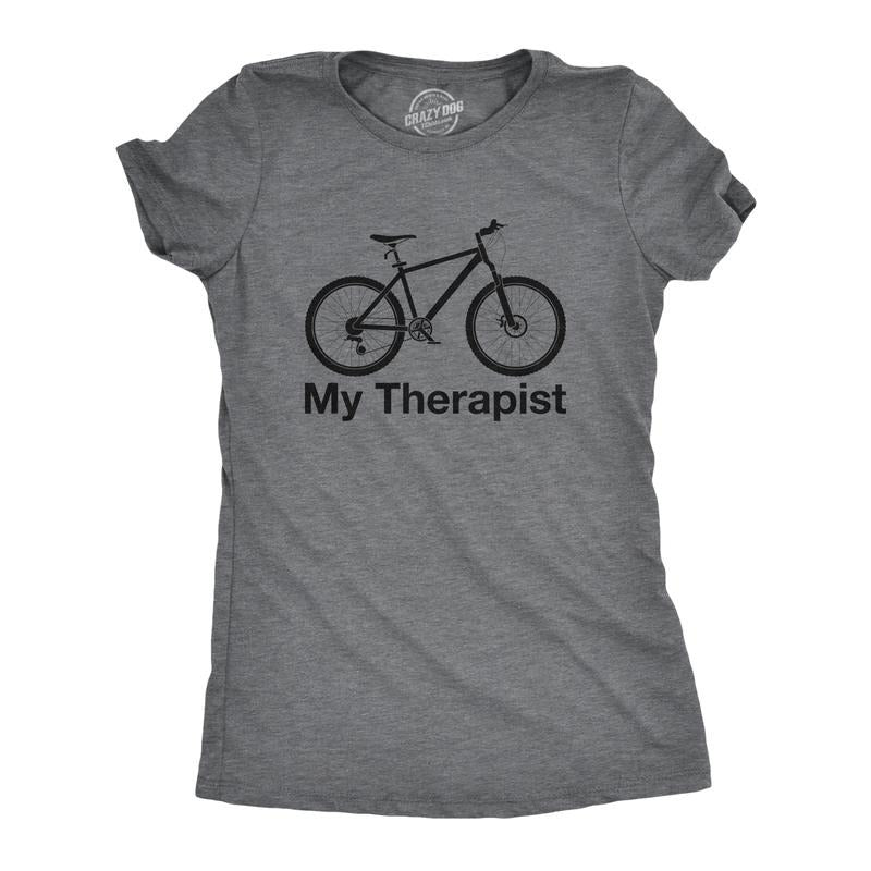 Womens My Therapist Bicycle T shirt Funny Biking Cycling Outdoors Graphic Tee Funny Womens T Shirts Cute Slimming Top Comfortable Soft Womenswear Funny Fitness Top Women's Novelty Tees Dark Grey