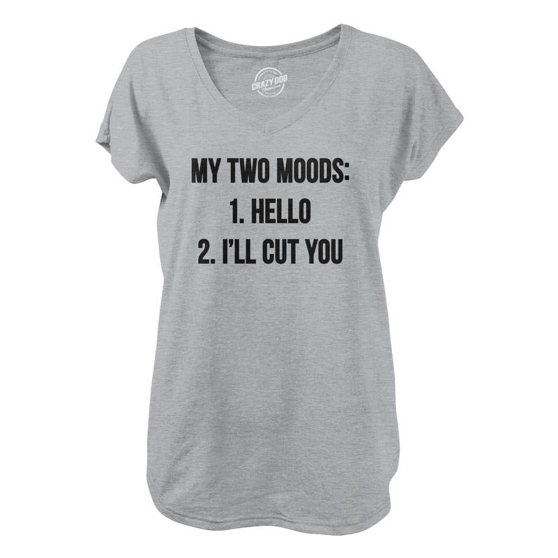 Womens My Two Moods V-Neck Funny Sarcastic Text Shirt for Ladies Funny Shirts for Women Funny Introvert Women's Novelty Tees Light Grey