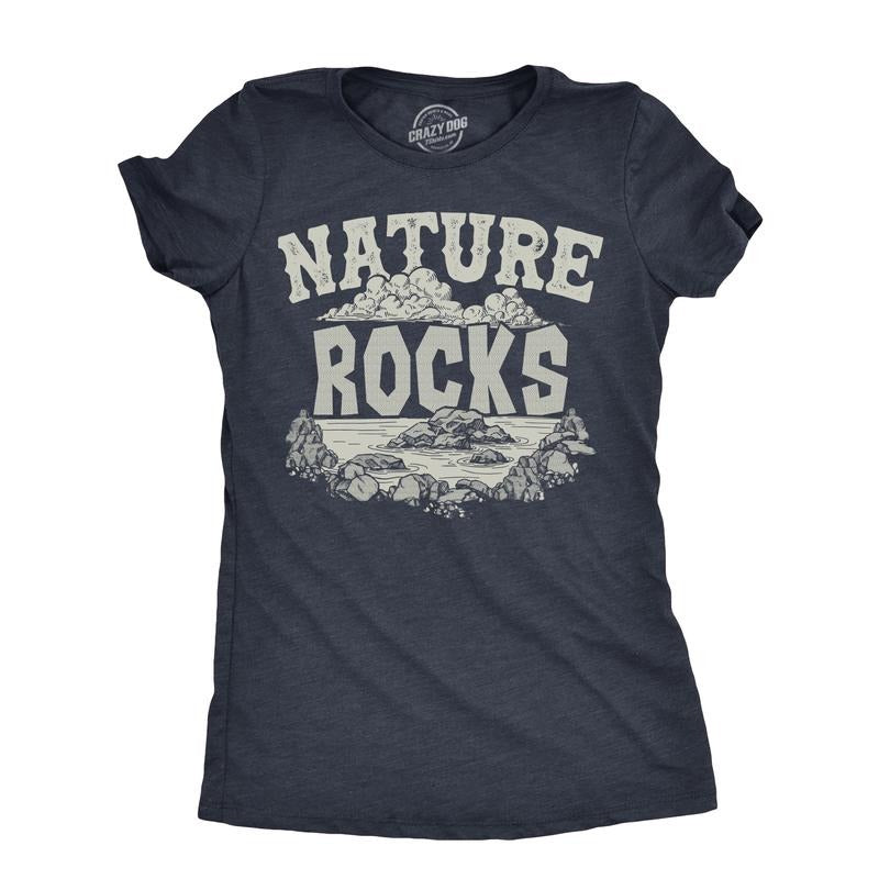 Womens Nature Rocks T Shirt Funny Outdoor Geology Lovers Joke Tee for Ladies Funny Womens T Shirts Cute Slimming Top Comfortable Soft Womenswear Funny Sarcastic Top Women's Novelty Tees Navy -