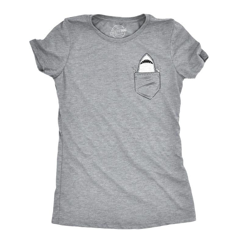 Womens Pocket Shark Funny T shirts Printed Graphic Jaws Cool Shark Novelty T shirt Funny Womens T Shirts Cute Slimming Top Comfortable Soft Womenswear Shark Tops for Women Women's Novelty Tees Light Grey