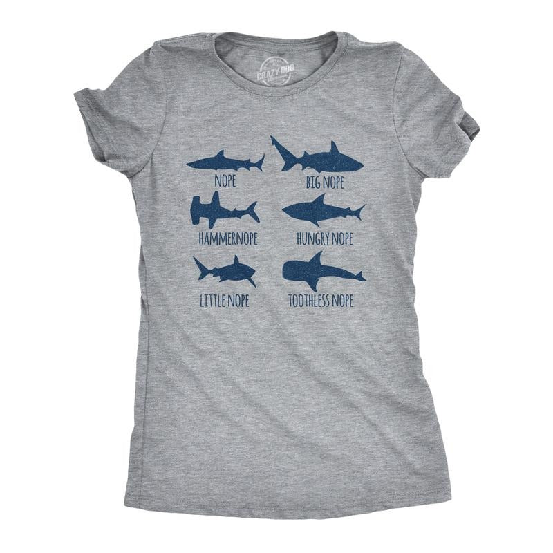 Womens Shark Nope T Shirt Funny Fear Of Sharks Breeds Graphic Novelty Tee for Ladies Funny Womens T Shirts Cute Slimming Top Light Grey