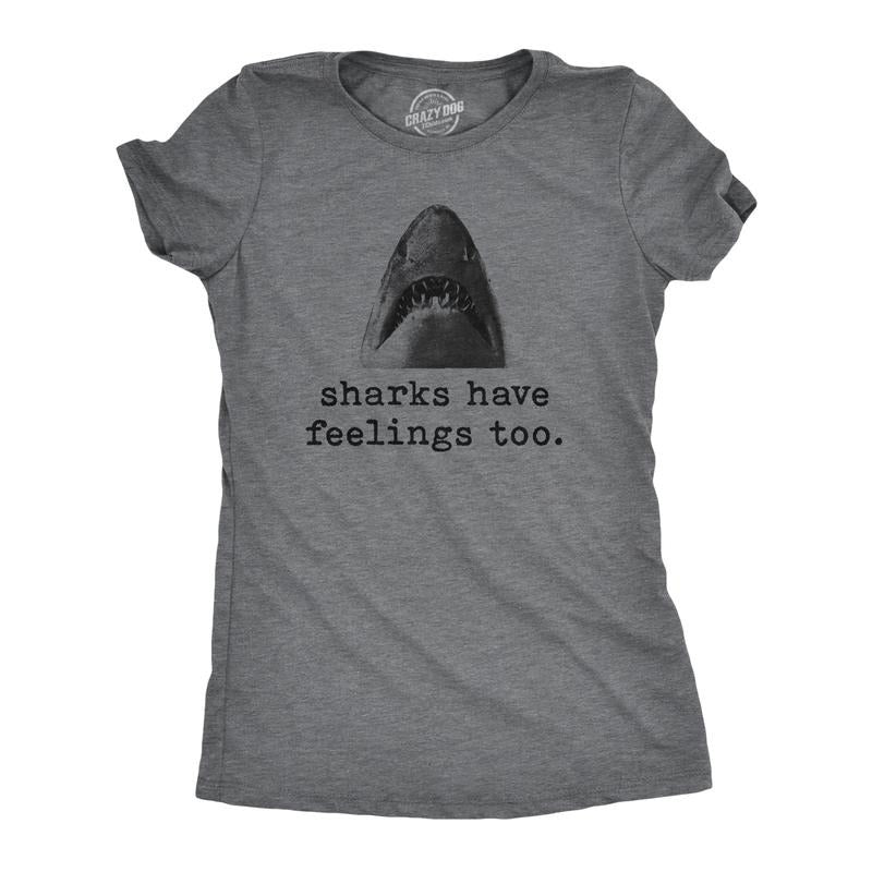 Womens Sharks Have Feelings Too T Shirt Funny Beach Vacation Chomp Graphic Tee Funny Womens T Shirts Cute Slimming Top Comfortable Soft Womenswear Mother's Day Tops for Women Funny Shark Top Women's Dark Grey