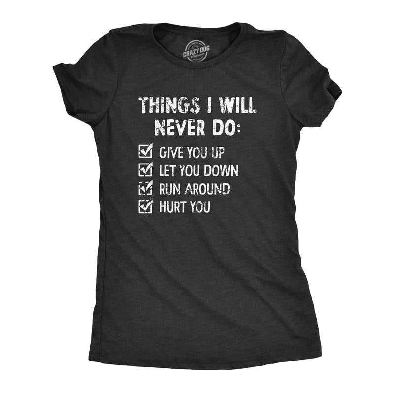 Womens Things I Will Never Do T Shirt Funny Song List Parody Tee for Ladies Funny Womens T Shirts Cute Slimming Top Comfortable Soft Black -