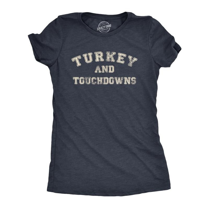 Womens Turkey And Touchdowns T Shirt Funny Thanksgiving Dinner Football Lovers Tee For Ladies Funny Womens T Shirts Cute Slimming Top Comfortable Soft Womenswear Thanksgiving Tops for Women Funny Navy -