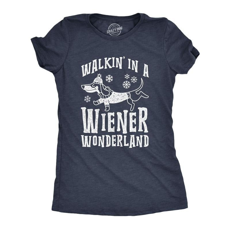 Womens Walkin In A Wiener Wonderland T Shirt Funny Christmas Song Dog Tee Funny Womens T Shirts Cute Slimming Top Comfortable Soft Womenswear Christmas Tops for Women Funny Dog Top Women's Novelty Navy