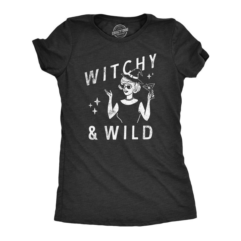 Womens Witchy and Wild T Shirt Funny Spooky Season Lovers Party Witch Tee for Ladies Funny Womens T Shirts Cute Slimming Top Comfortable Soft Womenswear Halloween Tops for Women Funny Drinking Top Black -
