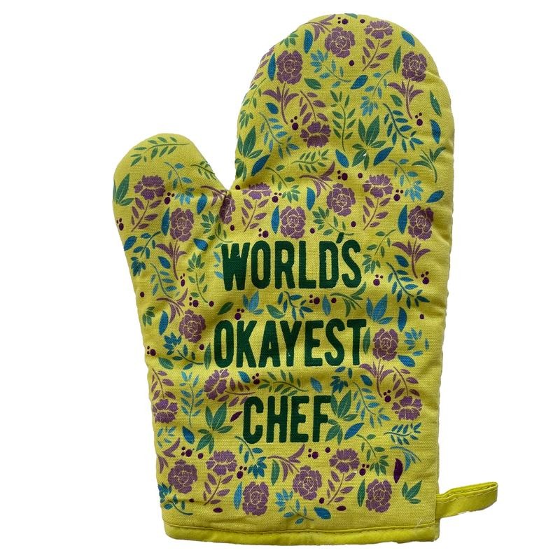 World's Okayest Chef Oven Mitt Funny Cooking Floral Kitchen Glove Gag Gift Funny Graphic Kitchenwear Funny Sarcastic Novelty Cookware Yellow
