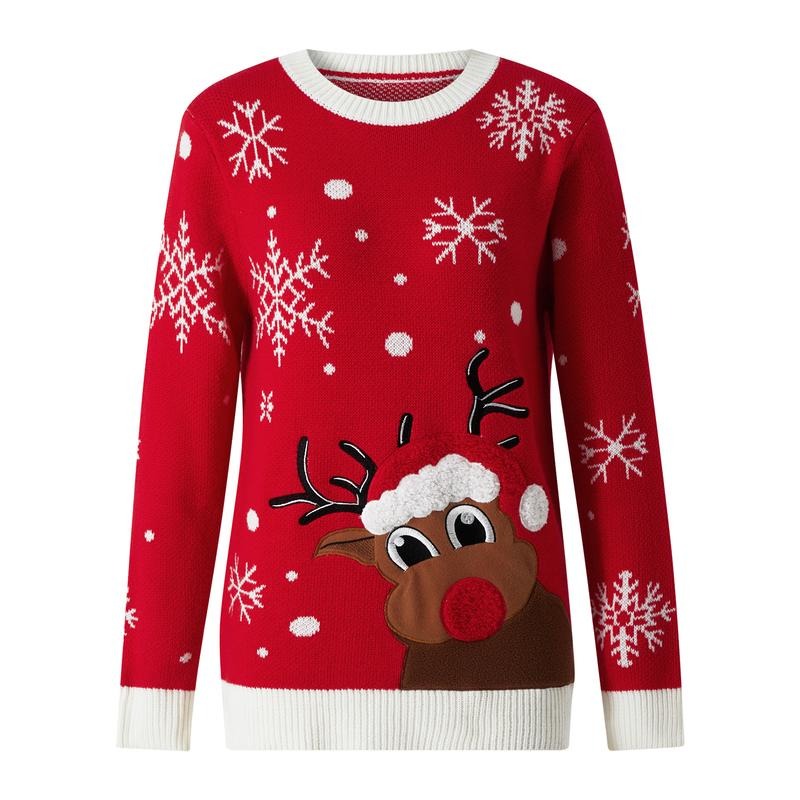 Adults Sweater, Snowflake Elk Print Crew Neck Long Sleeve Knitwear Winter Outfit for Women Men, S/M/L/XL/XXL/XXXL Casual Womenswear
