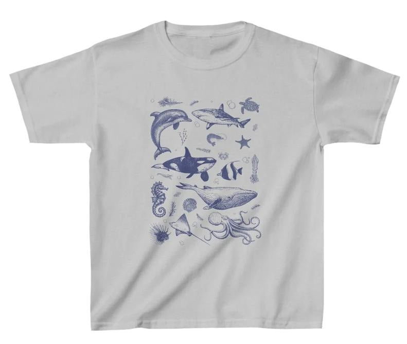 Y2K Baby Tee Vintage 90s Ocean Shirt, Retro Sealife Wonders with Whale, Orca, Turtle & Dolphin - graphic baby tee - Womenswear