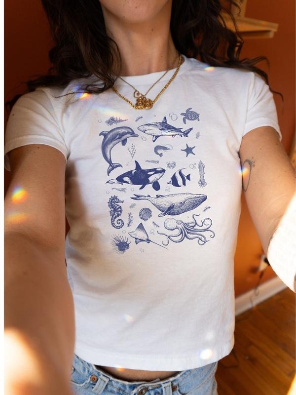 Y2K Baby Tee, Vintage 90s Ocean Shirt, Retro Sealife Wonders with Whale, Orca, Turtle and Dolphin Shirt, Summer Beach Baby Tee