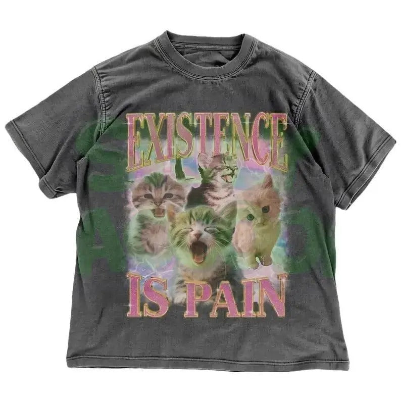 Y2K Cat Meme Shirt | Existence Is Pain | Edgy Sarcastic Shirt | Existential Dark Humor Graphic Tee | Ironic Kitten Tee | Gag Gift 100% cotton Menswear