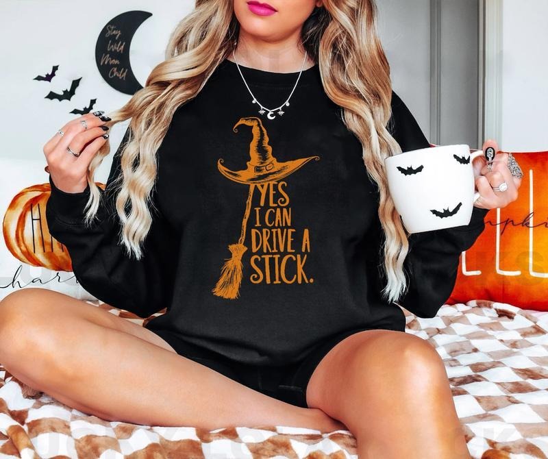 Yes I Can Drive A Stick Sweatshirt- Tshirt- Hoodie , Retro Witch Halloween Sweatshirt, Funny Halloween Shirt, Fall Sweater, Spooky Season Gift