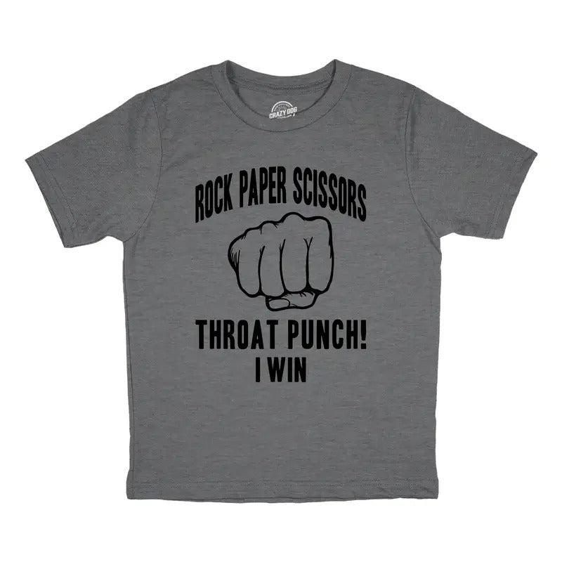 Youth Rock Paper Scissors Throat Punch T Shirt Funny Sarcastic Humor Novelty Tee For Kids Funny T Shirts Funny Sarcastic Short Sleeve Novelty Tees for Kids Dark Grey