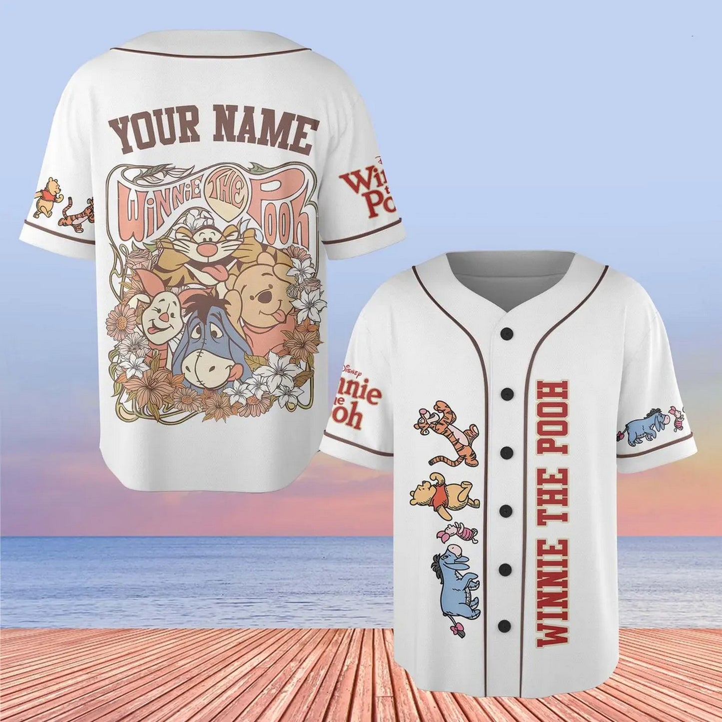 Custom Name And Number Winnie The Pooh Characters And Flower Baseball Jersey