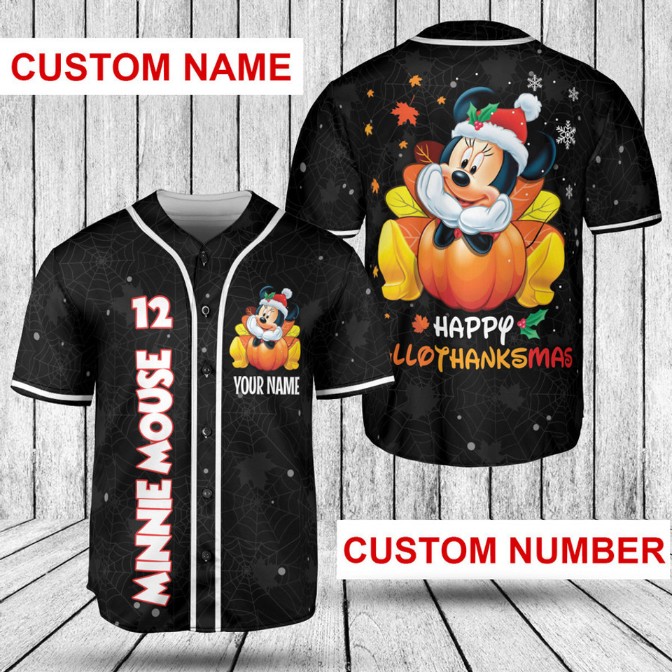 Custom Mickey Mouse Happy Hallothanksmas Baseball Jersey Shirt - Unique Personalized Design for Festive Fun - Bafud