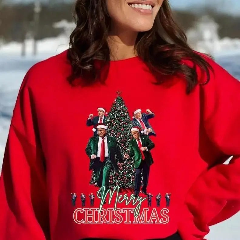 Funny Trummp President Dancing Merry Christmas Pine Tree Red Sweatshirt/hoodie/tshirt, Unisex Trendy