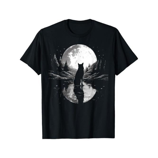 wolf looking moon on River for lover wolves wildlife animal T-Shirt Made in USA