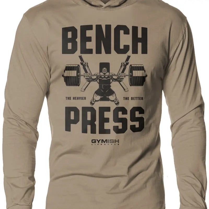 025. Bench Press Lightweight Workout Long Sleeve Hooded Gym T-shirt for Men Cotton Menswear