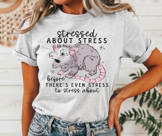 #029 Stressed About Stress Opossum -    - Print Unisex Crew neck Tee T-shirt