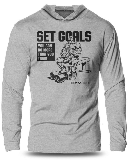 071. SET GOALS Lightweight Workout Long Sleeve Hooded Gym T-shirt for Men Soft Cotton Menswear