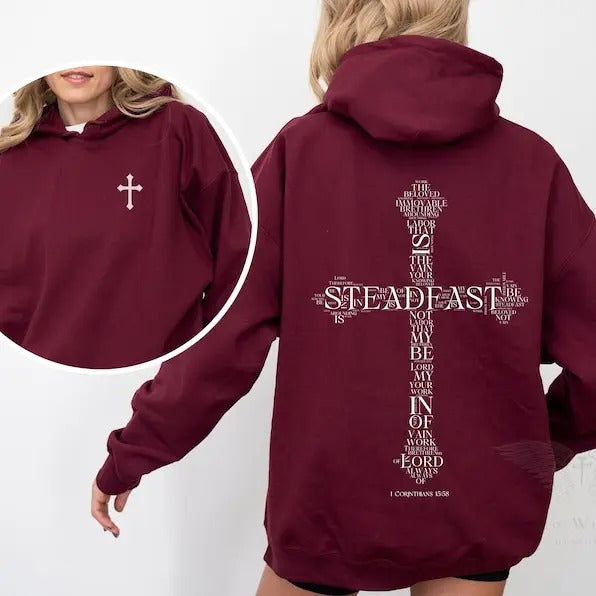 1 Corinthians 15:58 Bible verse words on back cross hoodie, Christian faith hoodie, trendy Christian hoodie, Christian gift,Jesus  T-shirt, sweater and Hoodie